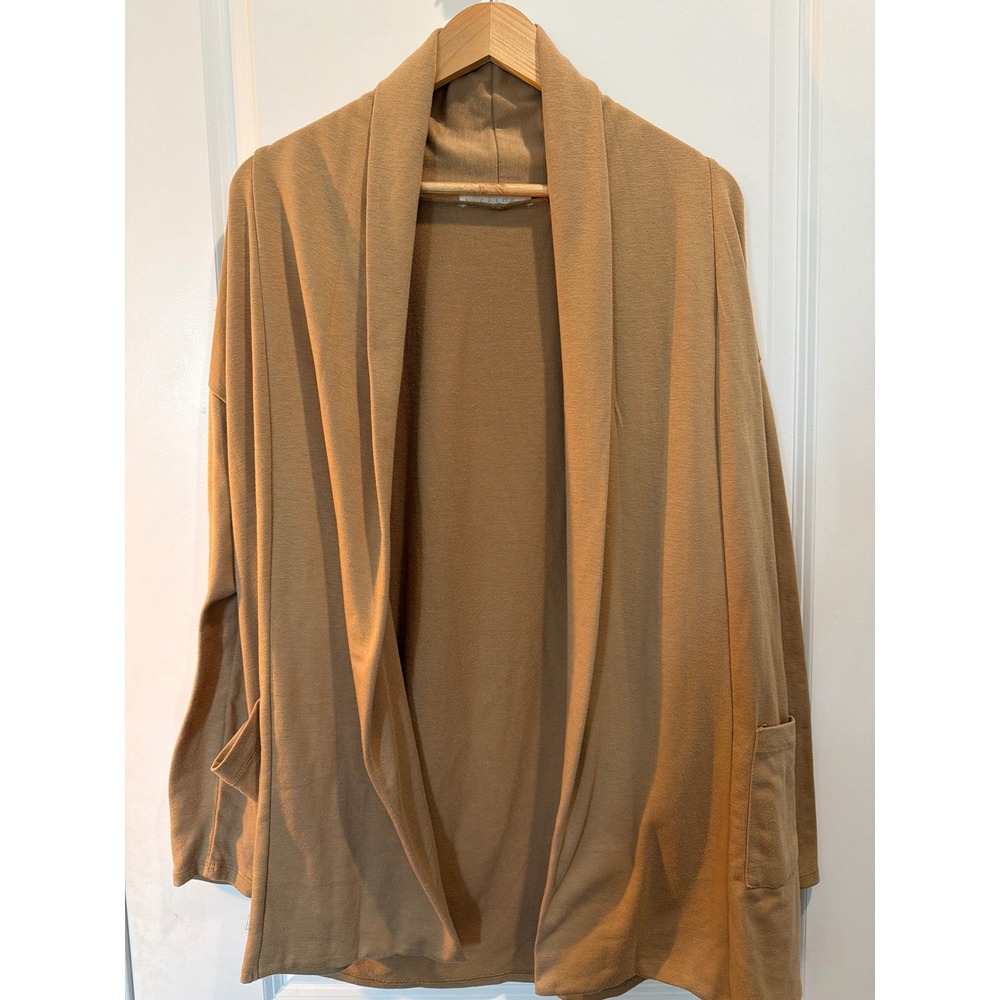 Cyrus Womens Camel Tan Open Front Shawl Collar Cardigan Sweater Pockets Large